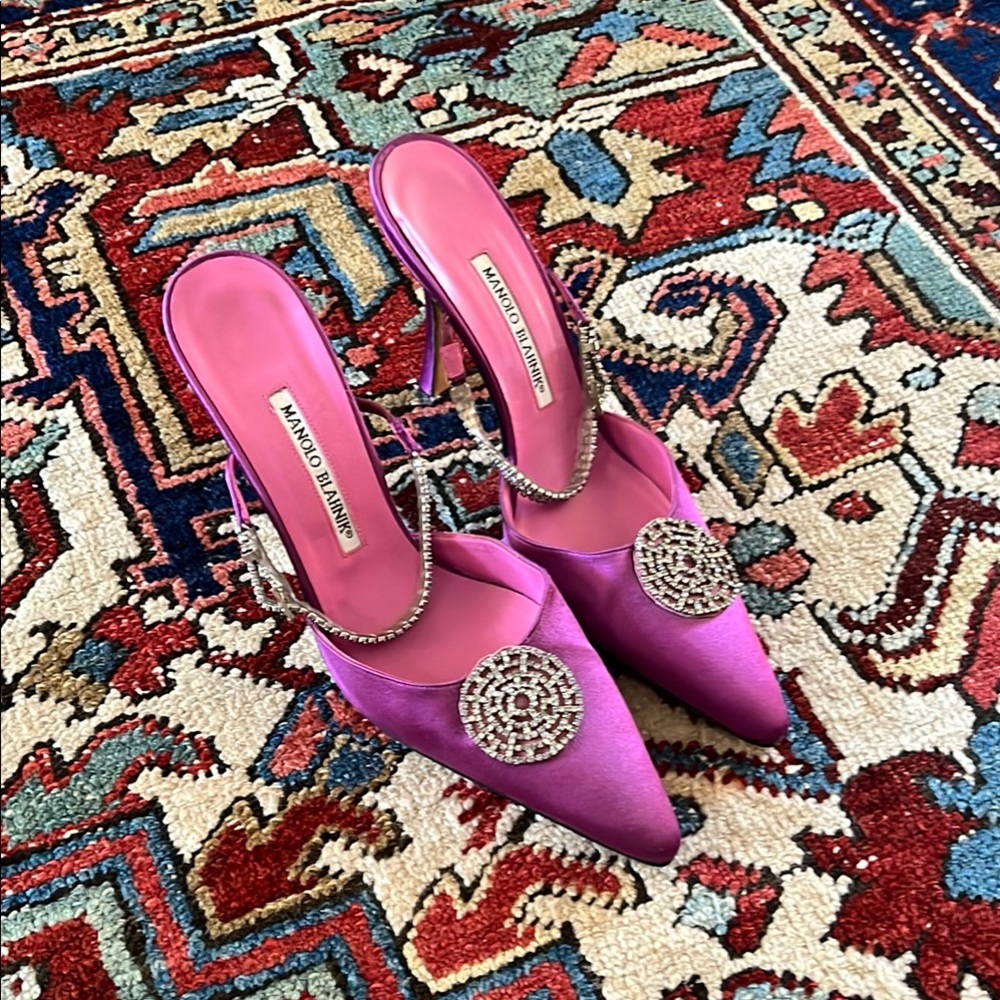 Manolo Blahnik Fuchsia Satin Heels with Embellishments
